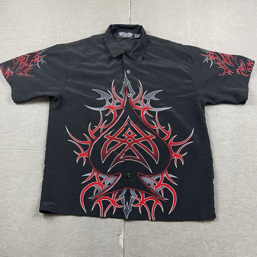 Vintage Silver Point Shirt Mens XL Black Tribal Flames Short Sleeve‎ Button Up
